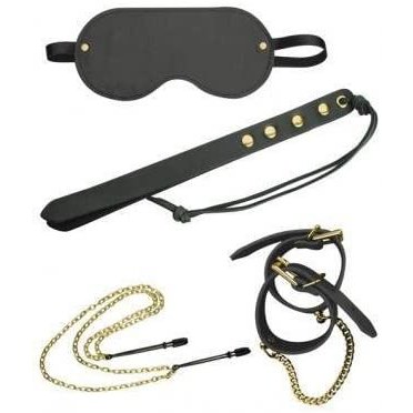 Every image included in the Spartacus Kink Kit. The image shows the blindfold, the Latigo leather slapper, the kink cuffs, and the nipple clamps. | Kinkly Shop