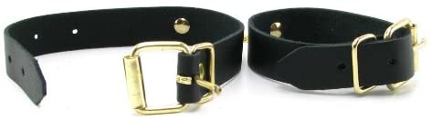 The two included cuffs within the Spartacus Kink Kit. It shows that they use standard belt buckles for fastening. | Kinkly Shop