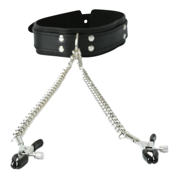 Close-up of the nipple clamps that are attached to the Sportsheets Collar with Nipple Clamps. It shows off the adjustable design with gentle rubber caps on the tips of the clamps. | Kinkly Shop