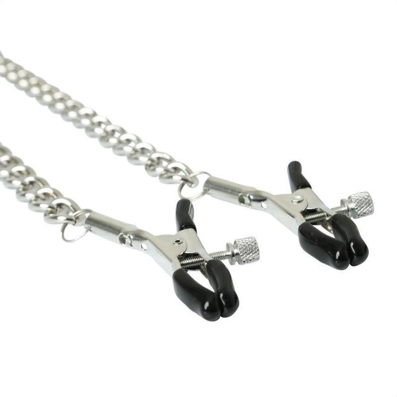 Close-up of the nipple clamp tips included with the Sportsheets Collar with Nipple Clamps. You can see the removable rubber caps (for comfort) in addition to the adjustable screw that lets you adjust the tightness. It also shows that the clamps are not easily removable from the chain. | Kinkly Shop