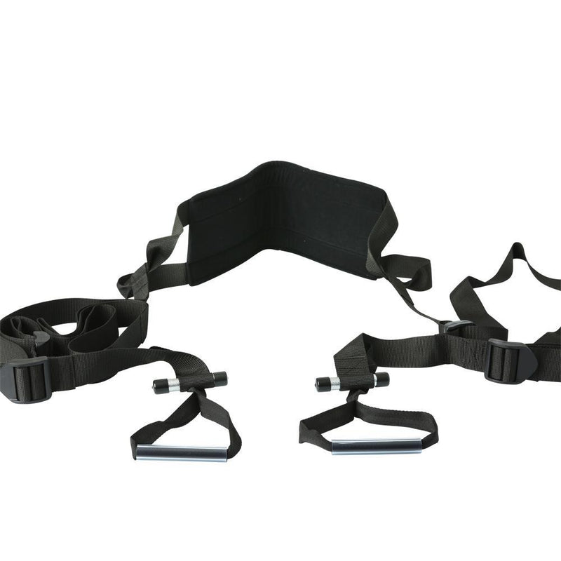 The Sportsheets Door Jam Sex Sling is laid out to show you the different parts. The image clearly shows the plastic handles on the hand straps as well as the wide seat of the hip support. The image also shows the adjustable length buckles on the straps. | Kinkly Shop