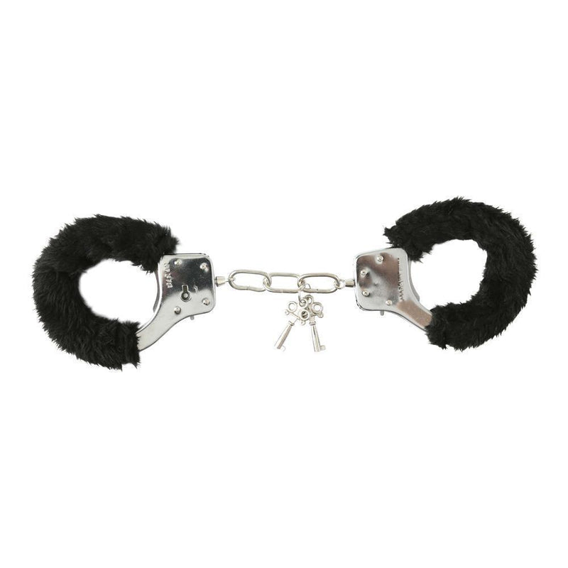 Faux fur handcuffs included with the Sportsheets Intro To S&M Kit. It shows the two cuffs pulled taut with the two keys attached to the chain that connects the two handcuffs. | Kinkly Shop
