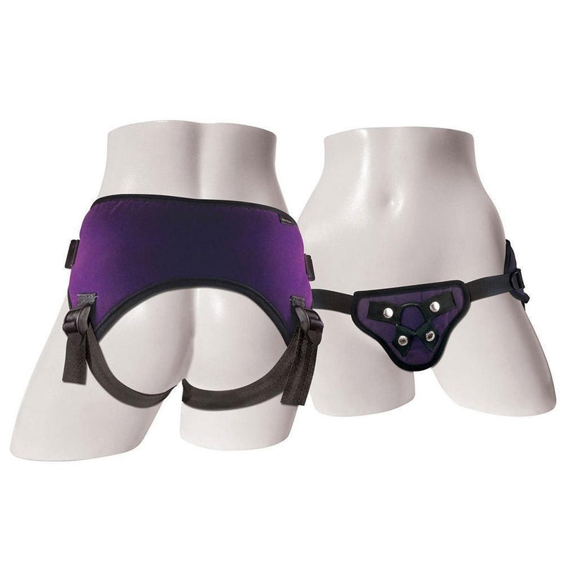 A mannequin wears the Sportsheets Lush Purple Strap On Harness. The image includes both the front and the back view to give you an idea of how the harness fits. | Kinkly Shop