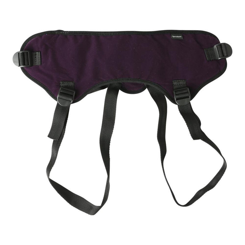 Backside of the Sportsheets Lush Purple Strap On Harness. The image shows the four plastic buckles which allow for easy adjustment of the length of the nylon straps that make up the strap-on harness. | Kinkly Shop