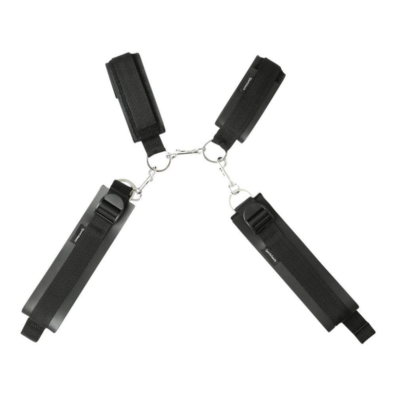 The full set laid out on a white background on a top-down view. It shows all of the one-sided clips included in the Sportsheets Thigh to Wrist Bondage Cuff Set and how all of the cuffs can fit together. | Kinkly Shop