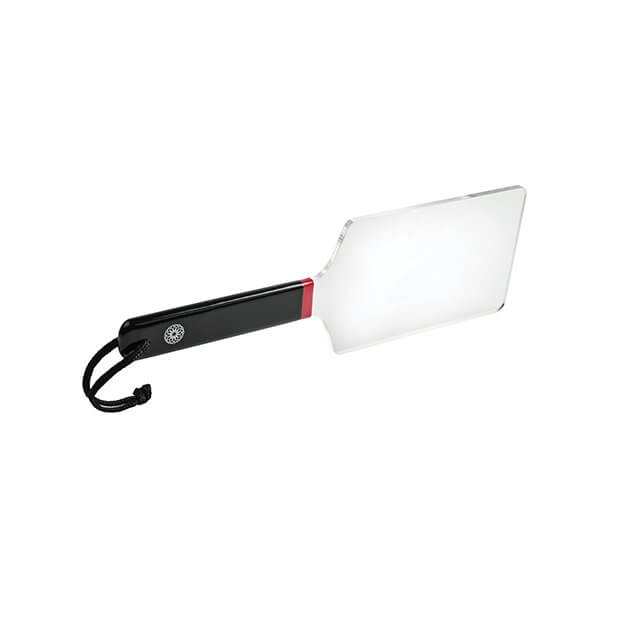 A side view of the Flat Sportsheets Saffron Acrylic Paddle to show the thickness of the acrylic surface. | Kinkly Shop