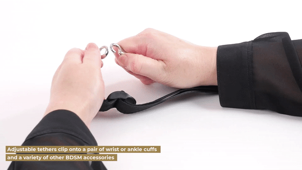 GIF shows a person clipping two tethers together to show how the clips work - and then shows how the adjustability works with the straps of the Sportsheets Adjustable Tether Straps | Kinkly Shop