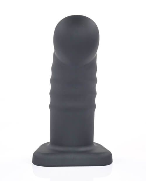 A top-down view of the Sportsheets Banx Hollow Ribbed dildo. This showcases the bulbous head, and it show how much thicker the base is than the shaft of the dildo for better anal safety. | Kinkly Shop