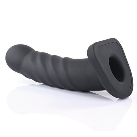 Sportsheets Banx Hollow Ribbed from the side. This showcases the ribbed texturing along the shaft alongside the wide hollow interior that runs through the dildo. | Kinkly Shop