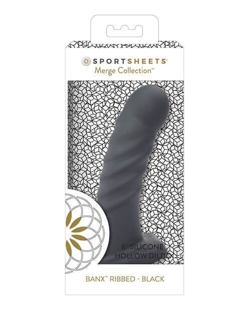 Packaging for the Sportsheets Banx Hollow Ribbed. It is a white box with a see-through window that showcases the Sportsheets Banx Hollow Ribbed dildo. | Kinkly Shop