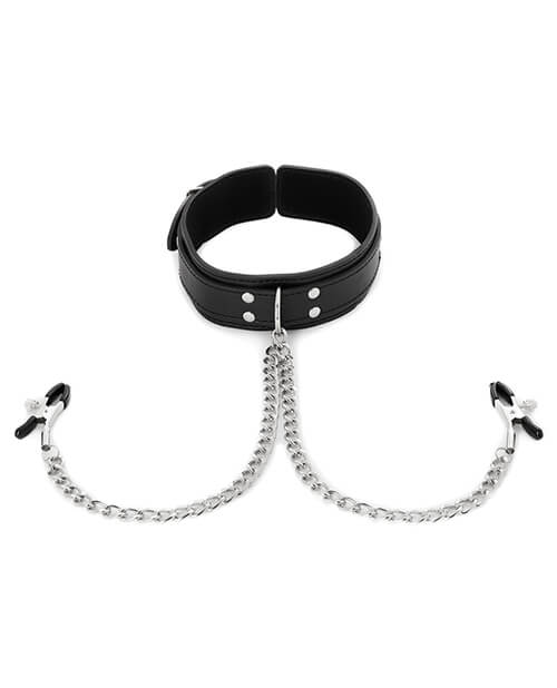 Sportsheets Collar with Nipple Clamps laid flat on a table. The image displays how the clamps connect to the D-ring on the front of the BDSM collar. | Kinkly Shop