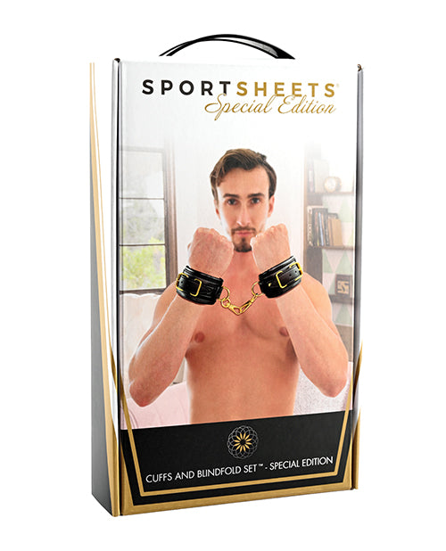 Packaging for the Sportsheets Cuffs and Blindfold Set. | Kinkly Shop