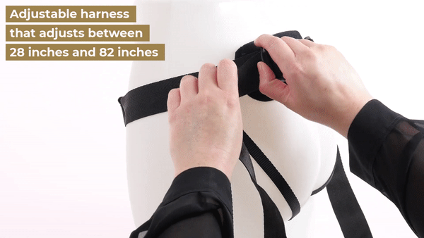 GIF shows a person loosening and tightening various straps on the adjustable Sportsheets Divine Plus Size Strap On harness | Kinkly Shop