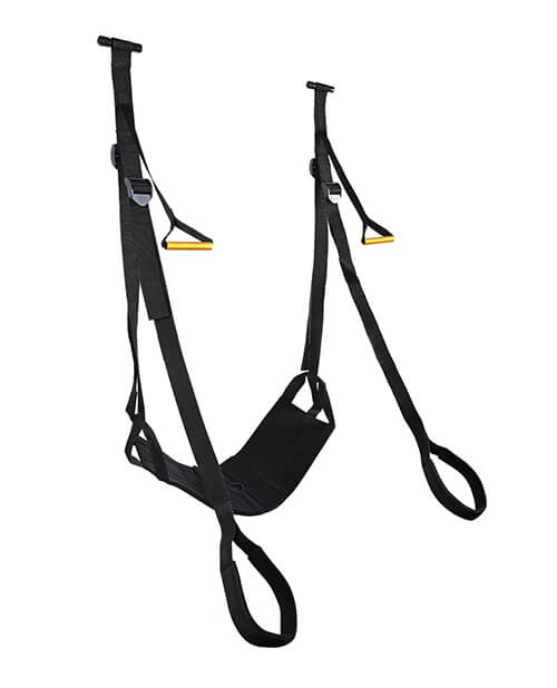 The Sportsheets Door Jam Sex Sling Special Edition plus size sex swing hangs from an invisible door. This time, there is no dildo attached to the seat of the sex swing. | Kinkly Shop