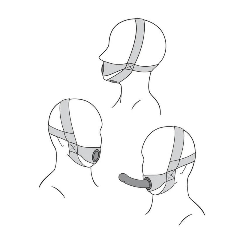Illustrations of heads shown wearing the Sportsheets Face Strap-on Harness. It shows how the harness wraps around the skull as well as where the D-ring is placed for using a dildo. The D-ring is placed right overtop of the mouth. The Sportsheets Face Strap-on Harness has four straps that encircle the head. One goes over the mouth, one goes under the chin, one wraps around the top of the head, and one wraps around the back of the head. | Kinkly Shop