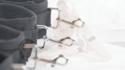 GIF shows the a sliding camera view that shows all four cuffs - with clips ready - and the hog tie connector for the Sportsheets 5 Piece Hog Tie & Cuff Set | Kinkly Shop