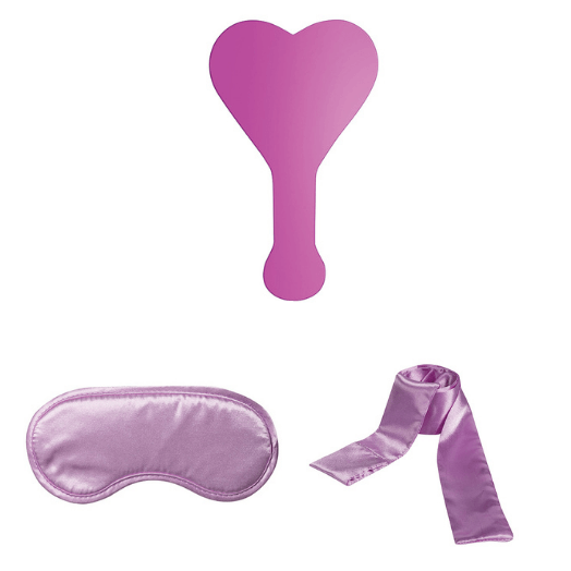 All three of the items that are included in the Sportsheets Love Me Gentle Kit sitting out next to each other on a white background. There's the Acrylic paddle, the satin blindfold, and the satin restraints. | Kinkly Shop