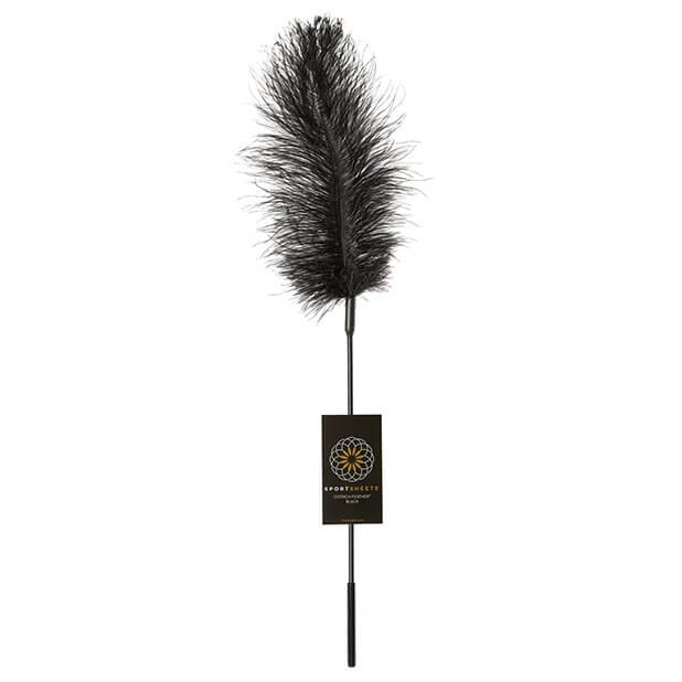 Sportsheets Ostrich Tickler in Black with the Sportsheets tag shown on the handle of the feather tickler for BDSM. | Kinkly Shop