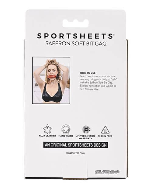 Backside of the packaging for the Sportsheets Saffron Soft Bit Gag | Kinkly Shop
