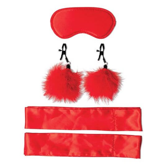 Everything included in the Sportsheets Amor Bondage Kit laid out flat. The red blindfold is laid flat next to two feathered nipple clamps and two satin sashes. | Kinkly Shop