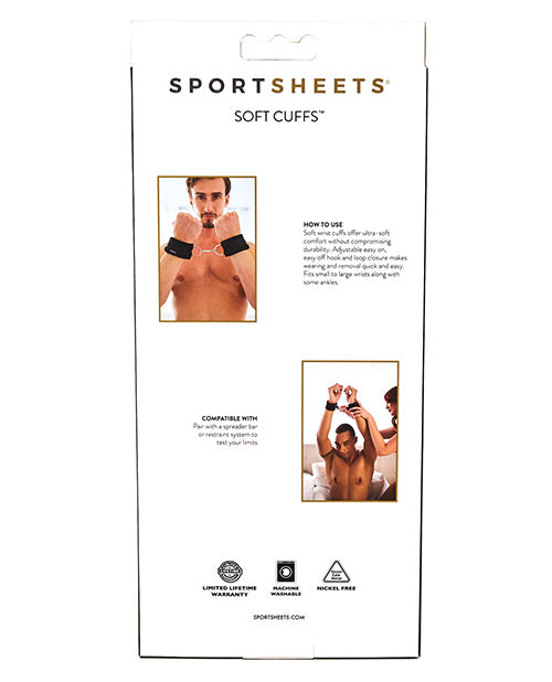 Backside of the packaging of the Sportsheets Soft Wrist Cuffs | Kinkly Shop