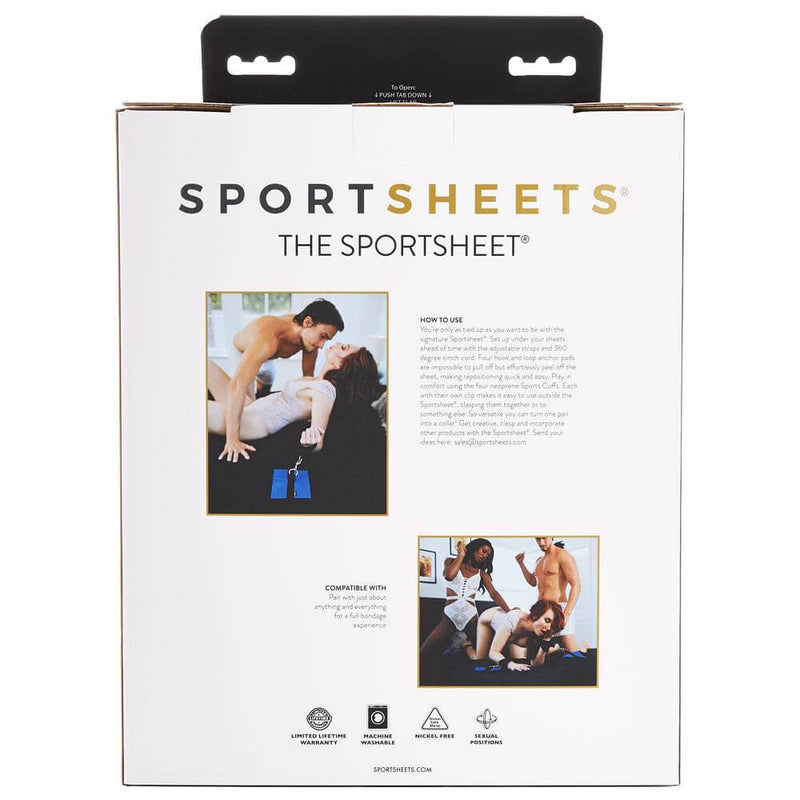 Packaging for the Sportsheets Sportsheet Bondage Bedding in Queen. | Kinkly Shop