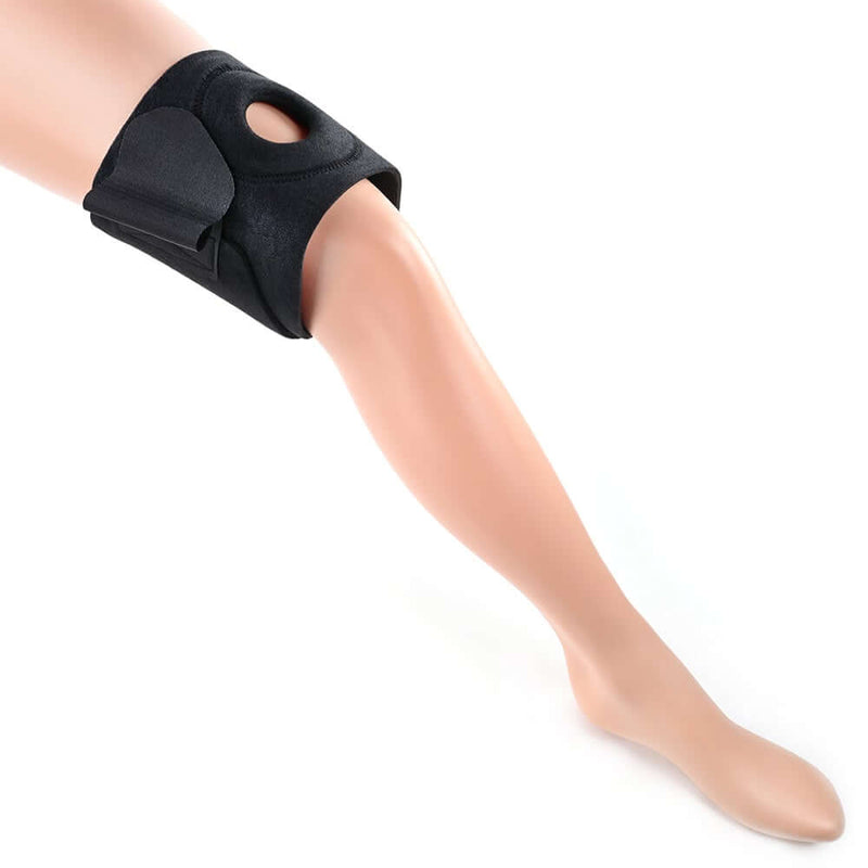 A mannequin leg wears the Sportsheets Ultra Thigh Strap-On Harness near the knee. This showcases the width of the harness and shows off the wider hole of the built in O-ring. | Kinkly Shop