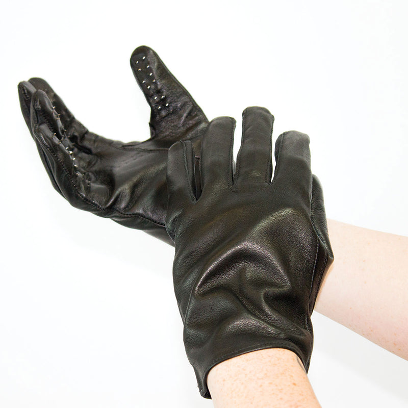 Two hands are wearing the Kinklab Vampire Gloves. The person is showing off the smooth backside of one Vampire Glove and the spiked surface of the second Vampire Glove. | Kinkly Shop