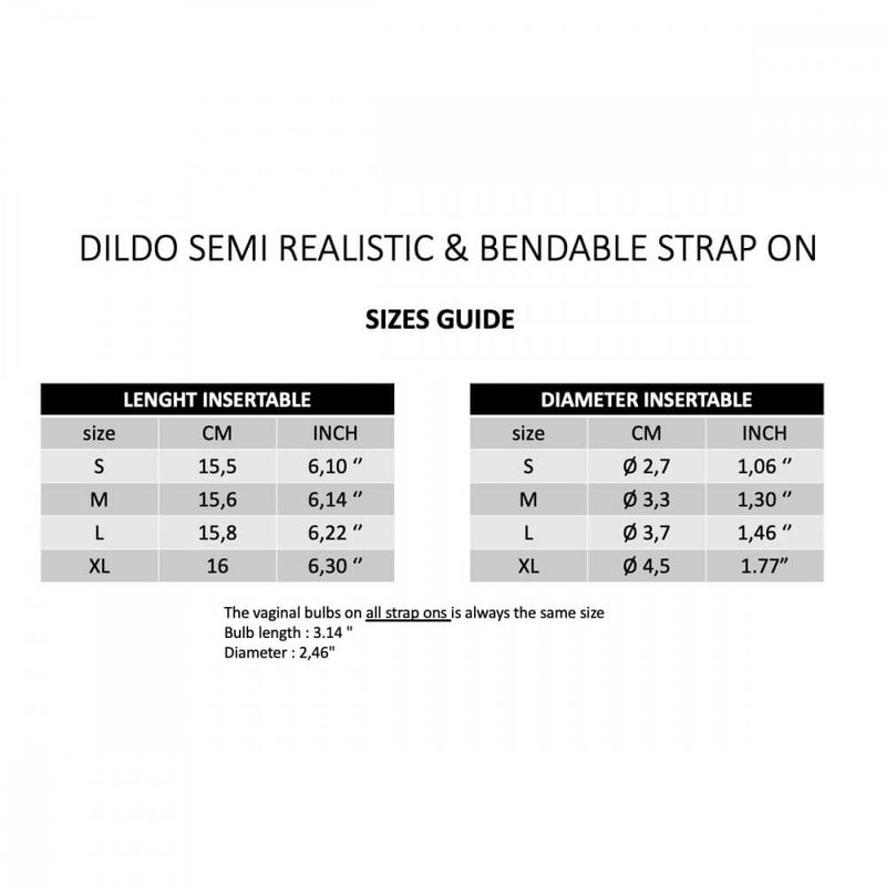 A comparison table of the sizes of the Strap-on-Me Bendable Dual-Density Dildo. All of this information is available in the written product description for screen readers. | Kinkly Shop