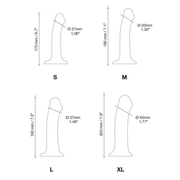 Chart of measurements for the Strap-on-Me Bendable Dual-Density Dildo shows the Small dildo, Medium dildo, Large dildo, and Extra-Large dildo all compared to one another. All of this information is available in the written product description for screen readers. | Kinkly Shop