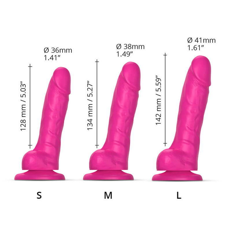 The three sizes of the Strap-on-Me Sliding Skin Realistic Dildo set next to one another in front of a white background. The measurements are superimposed over the dildo versions. All measurements can be found in the body of the product information. | Kinkly Shop