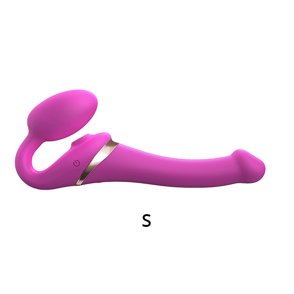 GIF cycles between four images of the Strap-on-Me Vibrating Licking Strapless Strap-on to show the size differences between the four different sizes. The wearer's bulb stays the same size but the shaft that penetrates the receiver gets much larger with each progression. | Kinkly Shop