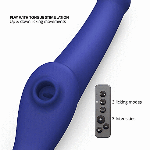 GIF of the Strap-on-Me Vibrating Licking Strapless Strap-on is a close-up of the licking tongue found on the vibrator. The remote is shown next to the licking tongue to showcase the light that shows the tongue functionality is turned on. The text on the GIF reads "Play with tongue stimulation. Up and down licking movements. 3 Licking Modes. 3 Intensities." | Kinkly Shop