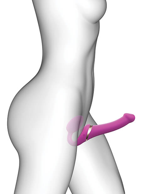 An illustrated body is shown wearing the Strap-on-Me Vibrating Licking Strapless Strap-on to show how it works. The person's torso is slightly see-through to show the insertable bulb inside of the person to hold the Strap-on-Me Vibrating Licking Strapless Strap-on in place. The shaft protrudes from their body. | Kinkly Shop