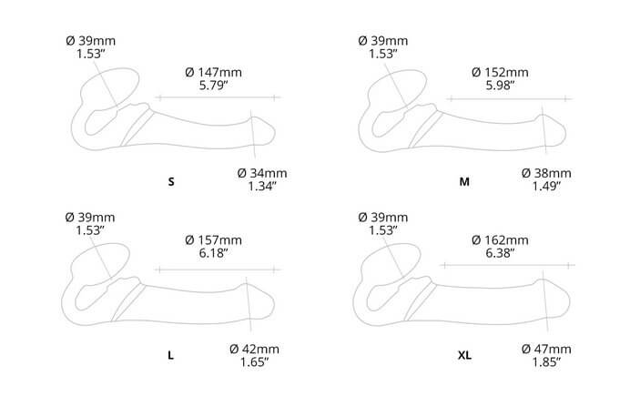 Outlined illustrations of the four different sizes of the Strap-on-Me Vibrating Licking Strapless Strap-on. The measurements are superimposed over the shapes of the toy. All of the measurements can be found within the text of the product description. | Kinkly Shop