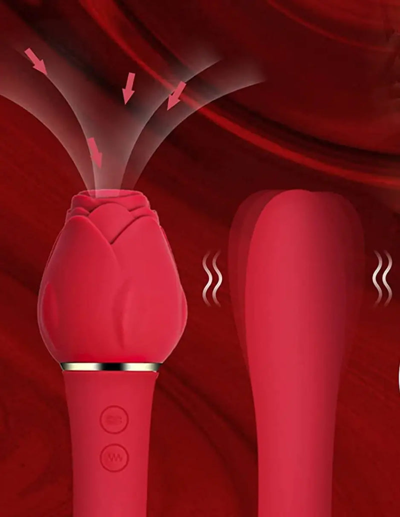 Both sides of the Suckle Rose Vibrator are shown. Superimposed illustrations are shown overtop of each of the ends to showcase the sensations they provide. Arrows show air movement and suction on the Rose vibrator tip while shaking lines show the vibrating design of the smooth insertable handle. | Kinkly Shop
