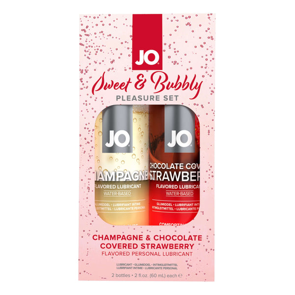 Packaging for the System JO Sweet and Bubbly Pleasure Set kit. This shows both bottles snuggled together in an open-front cardboard box that's pink and rectangular. | Kinkly Shop