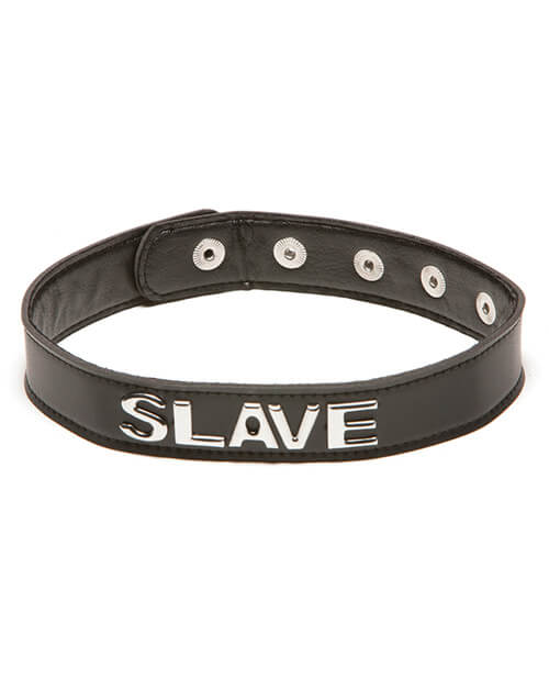 Slave Talk Dirty to Me Collar. It's a slend, black collar that has multiple snap closures on the backside of the collar. On the front, the collar's text has the word written out in silver capital letters. | Kinkly Shop
