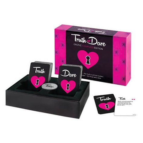 Everything included in the Truth or Dare game sitting out on a tray in front of the open box. | Kinkly Shop