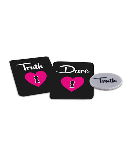 A Truth and Dare card laying flat against a white background. A two-sided "Truth/Dare" coin sits next to the cards. | Kinkly Shop