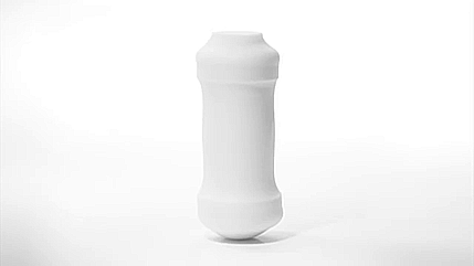 GIF of the Tenga 3D shows it sitting against a white background. With each transitional image, the Tenga 3D is slowly turned inside out to show how the outer, visible texture becomes the pleasurable interior texture when the toy is flipped inside out. | Kinkly Shop