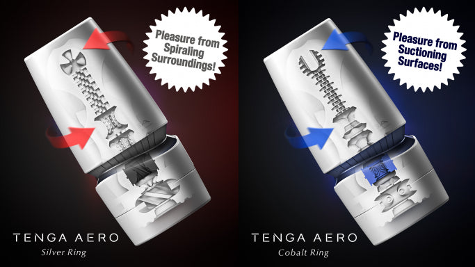 Illustrated image shows an X-Ray design of the the two Tenga Aero designs. On the left, the image shows the Tenga Aero Silver and states "Pleasure from Spiraling Surroundings". On the right, the image states Tenga Aero Cobalt and says "Pleasure from Suctioning Surfaces". | Kinkly Shop