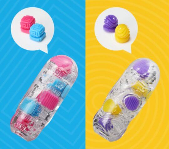 Comparison of the two different Tenga Bobble varieties. On the left, the pink and blue version is the Crazy Cubes. On the right, the purple and yellow version is Magic Marbles. | Kinkly Shop