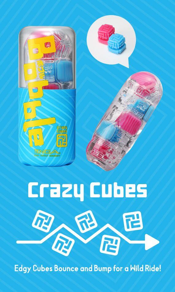 A promotional image for the Tenga Bobble in Crazy Cubes variety. The image shows the stroker laying out with a zoom-in on the cube-like design of the firmer, inner texture. Next to that, it shows the packaging of the Bobble. Underneath those images, the words "Crazy Cubes. Edgy cubes bounce and bump for a wild ride!" appear. | Kinkly Shop