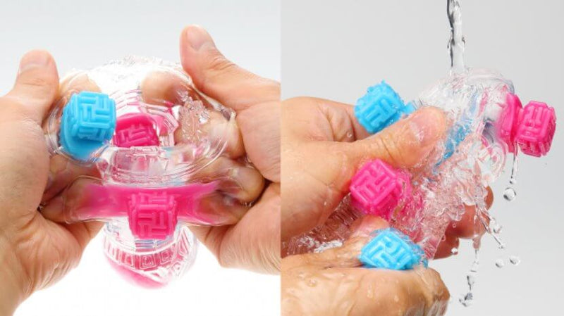 Two images side by side. The left image shows a person using both hands to open up the Tenga Bobble and display the inner chamber. The right-hand image shows a person washing the Tenga Bobble while it's flipped inside out underneath a stream of water. | Kinkly Shop