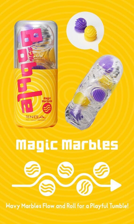 A promotional image for the Tenga Bobble in Magic Marbles variety. The image shows the stroker laying out with a zoom-in on the ball-like design of the firmer, inner texture. Next to that, it shows the packaging of the Bobble. Underneath those images, the words "Magic Marbles. Wavy marbles flow and roll for a playful tumble." appear. | Kinkly Shop