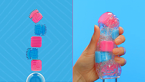 GIF of the Tenga Bobble in use. On the left side, an illustration shows how the different firmer-density cubes are pushed out of the way by a glass cylinder as it slides inside. On the right hand side of the GIF, the same thing is shown with a glass dildo and a hand holding the stroker. | Kinkly Shop