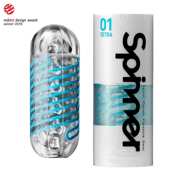Tenga Spinner Tetra next to its packaging | Kinkly Shop