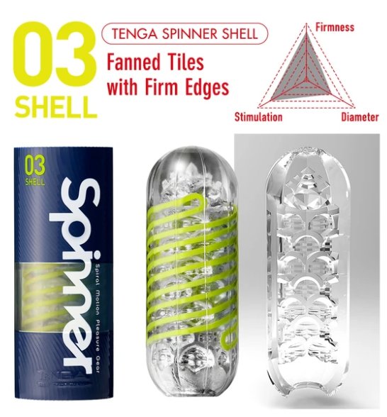 The Tenga Spinner in the Shell variety. It features a lime green coil wrapping around the stroker. Its texture is described as Fanned Tiles with Firm Edges. It is extremely firm, very stimulating, and features slightly-below-average diameter. | Kinkly Shop