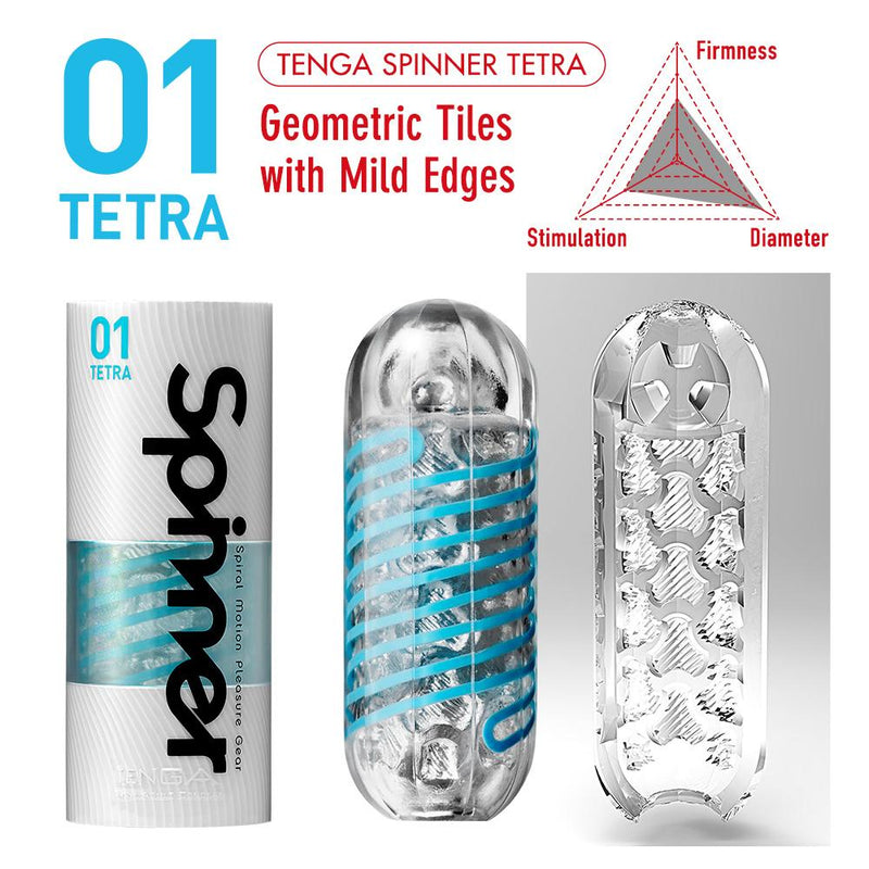 Tenga Spinner Tetra version. The spinner features a blue coil around it. The texture features Geometric Tiles with Mild Edges. It is medium in firmness, medium in stimulation, and very wide in diameter. | Kinkly Shop